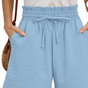 Light Blue Drawstring Paperbag Waist Wide-Leg Shorts